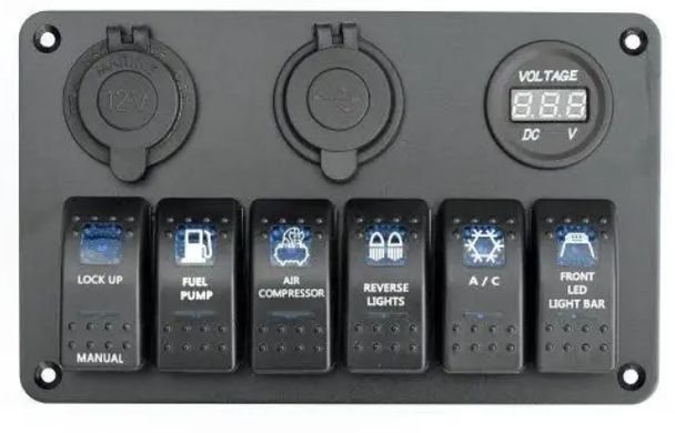 Панель переключения YuJ на 6 кнопок с вольтметром, USB и прикуривателем (8 YuJ)